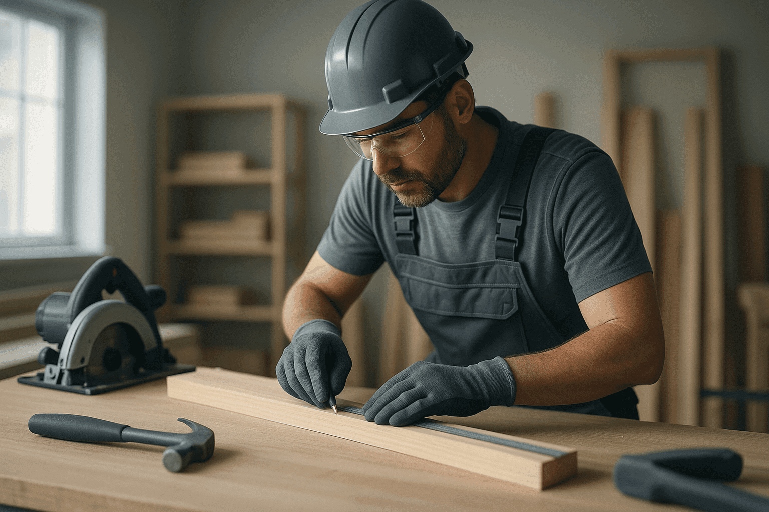 Professional carpenter wearing safety gear working on wood in a clean indoor carpentry workshop