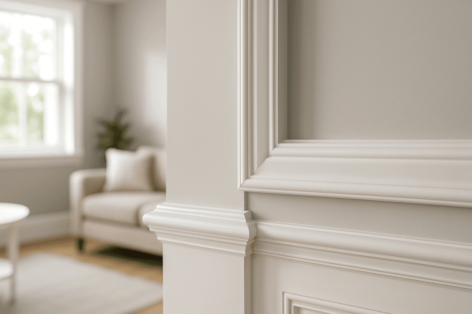 Finished carpentry trim and crown molding in a bright, modern living room