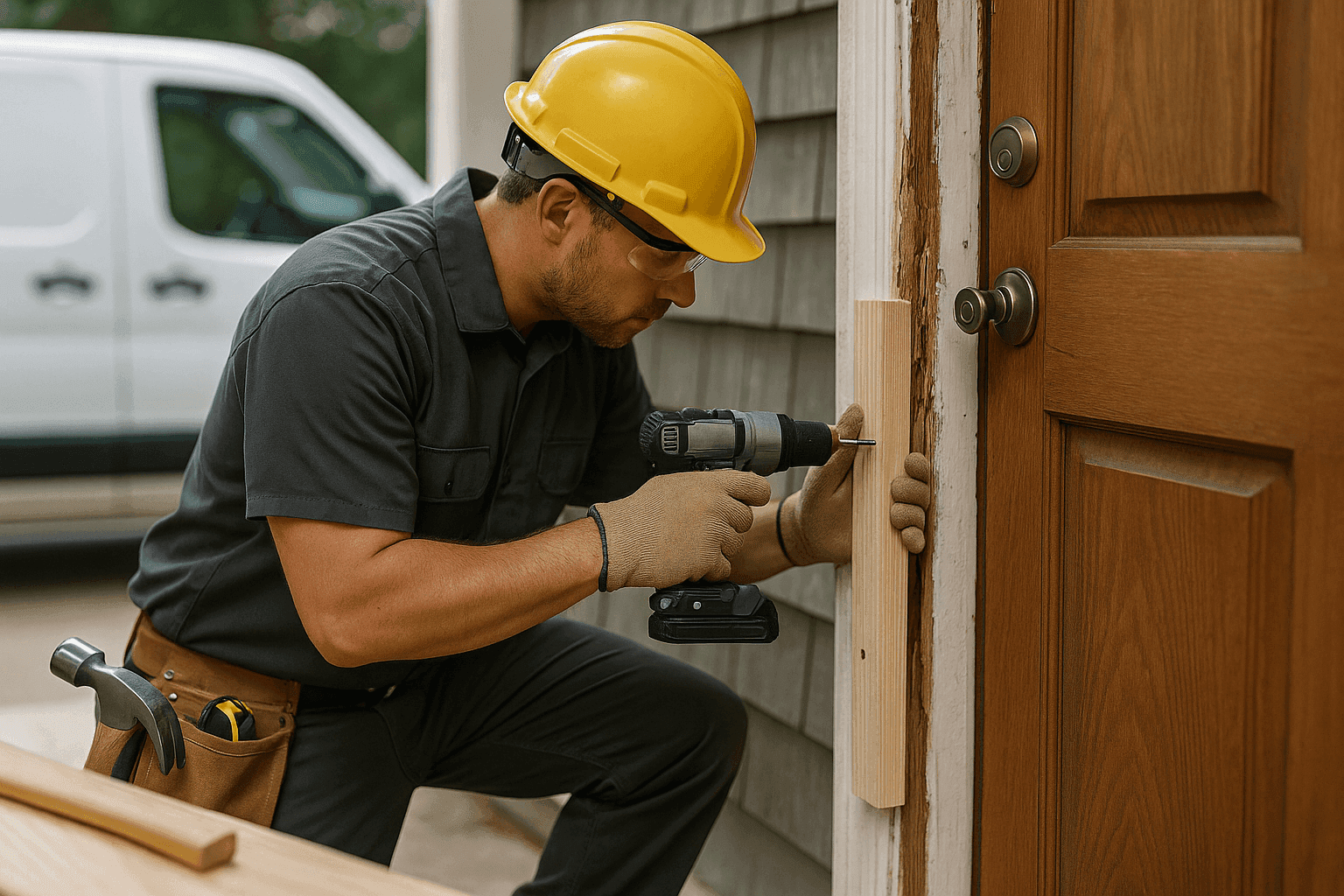 Carpenter performing emergency wood repair on a damaged door frame