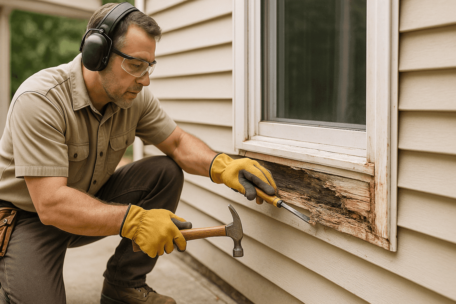 Carpenter inspecting and repairing wood rot on home window frame