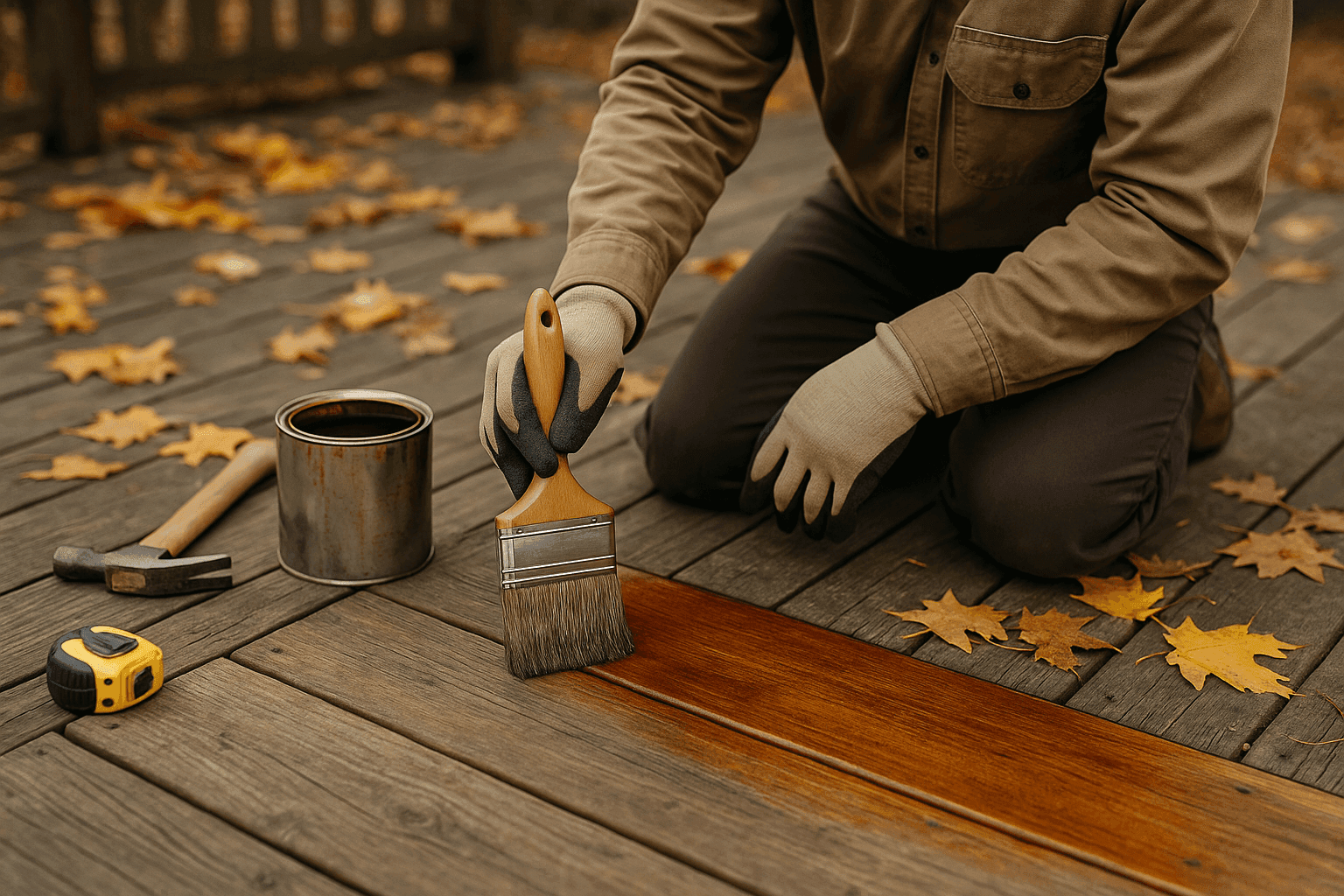 Carpenter applying protective stain to outdoor wooden deck in preparation for winter